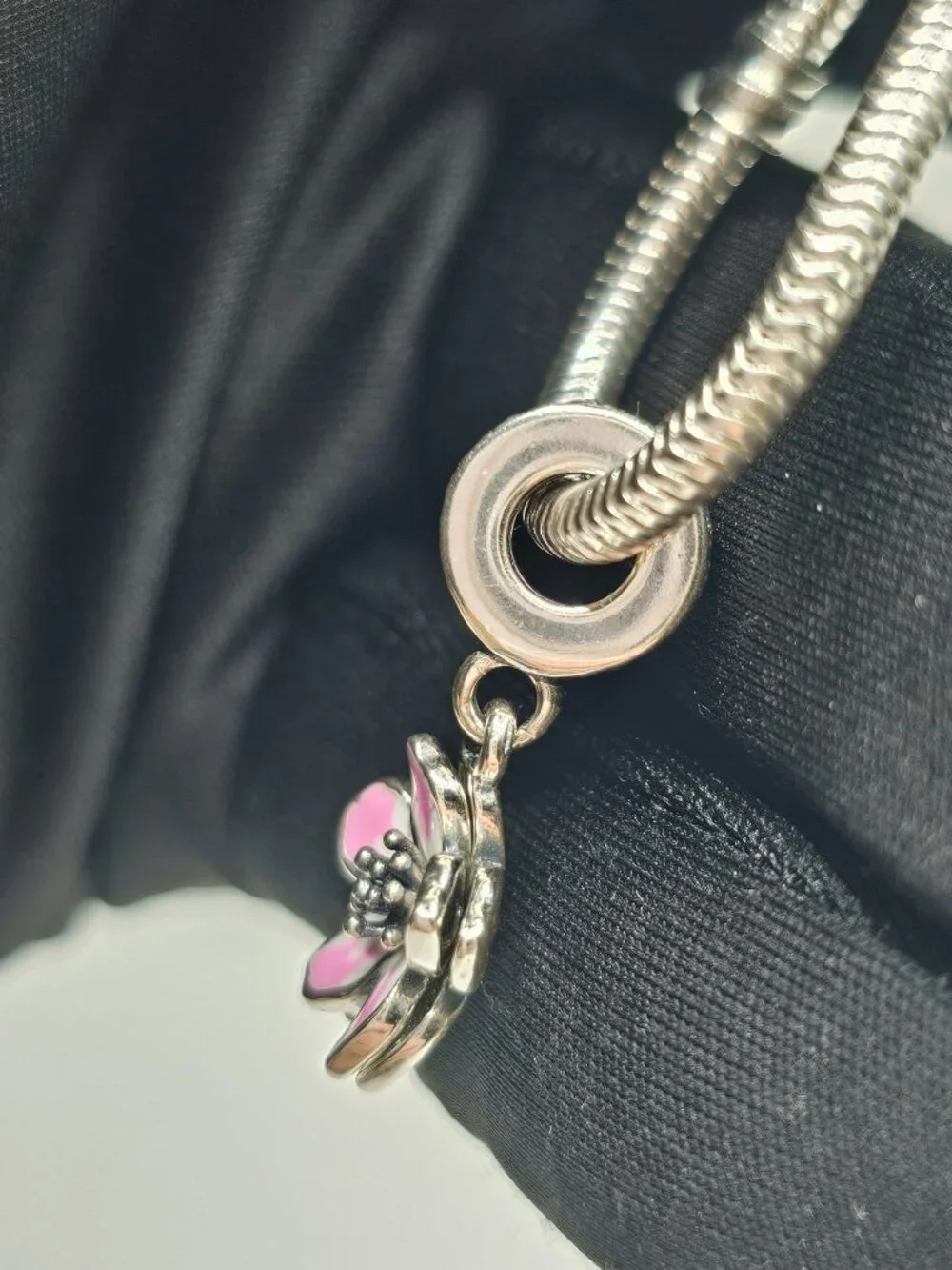 Sterling Silver 925 Rhodium Plated CZ Dangling Cherry Blossom Charm